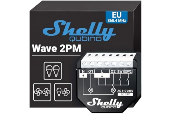 Shelly  Wave 2PM – Trådlös Z-Wave-strömbrytare modul 868,4 MHz, 2 kanaler (2 x 10A), Strömmätare per kanal, Fjärrkontroll via app, Z-Wave-gateway krävs