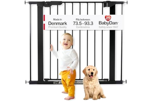 BabyDan  Premier, tryckpassad trappgrind, 73–93 cm, babygrind/säkerhetsgrind, metall, svart, tillverkad i Danmark – (husdjursgrind/hundgrind)