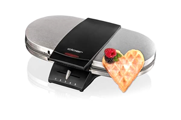 Cloer  1329 Dubbel våffeljärn för 2 hjärtvåfflor, 1700 W, Våfflad storlek 15.5 cm, meddelande om optiskt slutförande, mattat rostfritt stålhölje