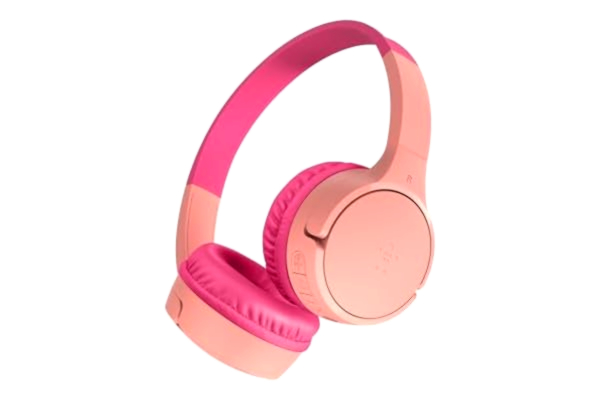 Belkin  SoundForm Mini trådlösa hörlurar för barn med inbyggd mikrofon, 30 tim. uppspelningstid och roliga etiketter - utanpåliggande hörlurar för online-utbildning, skola, iPhone, iPad, Galaxy - Rosa