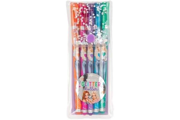Depesche  12743 TOPModel – Glitter gelpennor set i transparent väska med tryckknappslås, 5 pennor i glitterfärger för att skriva och dekorera