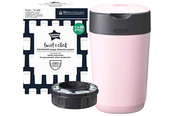 Tommee Tippee  Twist and Click Advanced kosz na pieluchy, bardziej przyjazny dla środowiska z 1 wymiennymi wkład z folii antybakteryjnej GREENFILM, przyjazny, różowy różowy