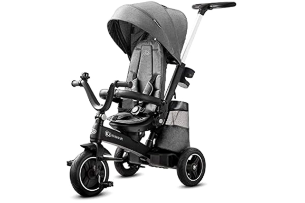 KinderKraft Kinderkraft Trehjuling EASYTWIST, babycykel, barnets första cykel, barnvagn, 360° vridbar sits, med sufflett, föräldrahandtag, fotstöd, tillbehör, väska, mugghållare, från 9 månader till 5 år, grå