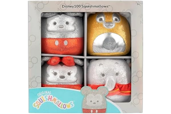 Squishmallows  SQDI00233 – Disney 100 4-pack, officiell uppsättning med Nalle Puh, Tinkerbell, Simba & Dumbo, 12,5 cm plyschfigurer vardera
