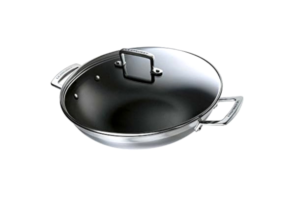 Le Creuset  Wok Anti-adhérent avec Couvercle en verre Le Creuset 30 cm, Inox 3-ply Intégral,Capacité 4,3 L, Argenté,96201130001000