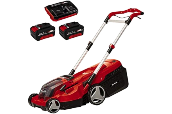 Einhell  Akku-Rasenmäher RASARRO 36/38 Power X-Change (Li-Ion, 36 V, 38 cm Schnittbreite, 6-stufige zentrale Schnitthöhenverstellung, inkl. 2 x 4,0 Ah Akkus + Twincharger, Mulchkeil)