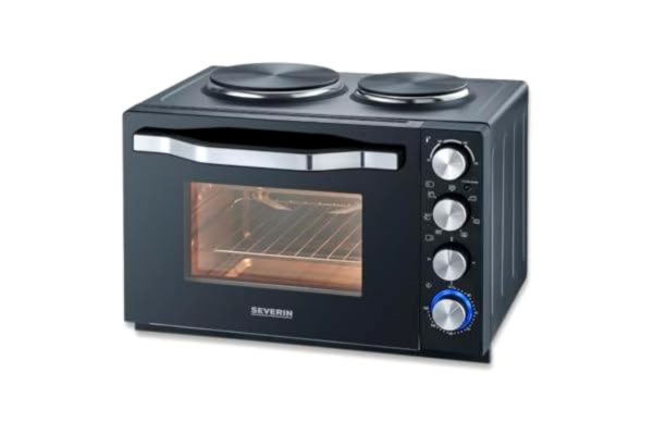 Severin SEVERIN Ugn och brödrost med kokplattor, ugn med 30 l matlagningsrumsinnehåll, miniugn med kokplattor för matlagning, grillning och bakning, total effekt 2500 W, svart, TO 2074