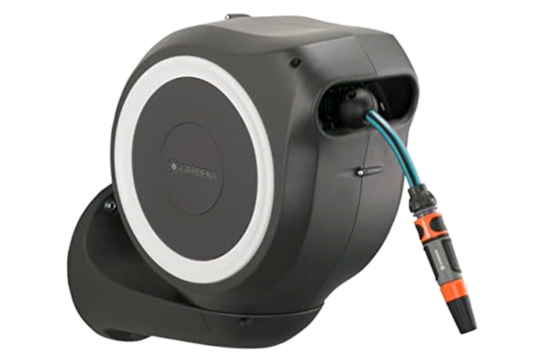 Gardena  slangvinda för väggmontering RollUp S (vit) 15 m: Flexibel bevattning för små trädgårdar, svängbar slangvinda med vägghållare, systemdelar och sprutpistol inkl. 15 m Gardena-slang (18602-20)