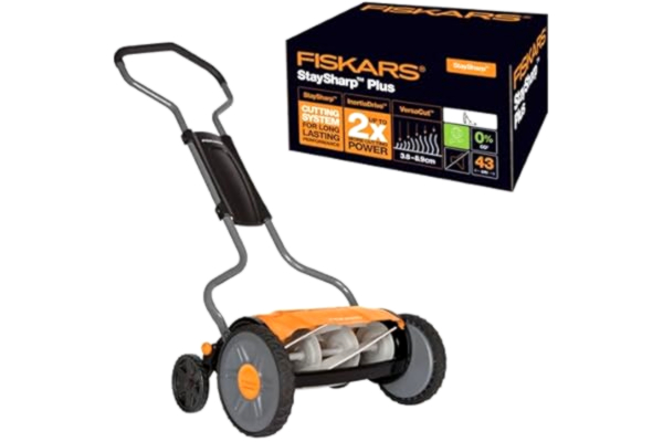 Fiskars  cylindergräsklippare, gräsklippare med kontaktfritt klippsystem, klippbredd: 43 cm, StaySharp Plus, svart/orange/silver, 1015649