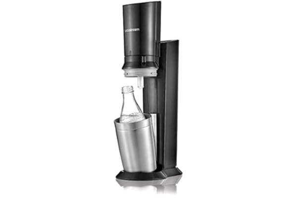 SodaStream  Crystal Sparkling Water Maker Machine with 600 ml Reusable Glass Carafe for Carbonating and 60 L CO2 Gas Cylinder - Crystal Machine Only Compatible with Glass Carafe Bottle - Black