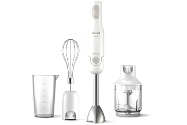 Philips  HR2543/00 mikser zanurzeniowy Daily+ Collection, 700 W, biały, technologia ProMix, 2 poziomy prędkości + turbo, metalowy drążek, trzepaczka, kubek