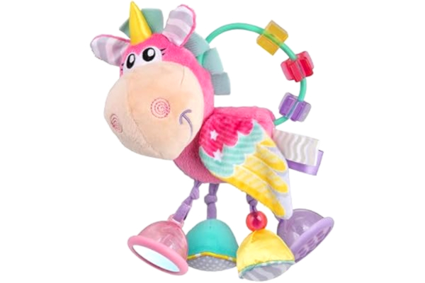 Playgro  - Unicorn Activity Rattle, mjuk plyschleksak för bebisar, från 3 månader, skallror och barnleksaker, giftfri sensorisk leksak, plyschskallra
