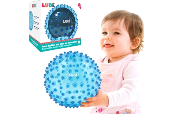 Ludi  - Blå massageboll - Sensorisk uppvaknande för spädbarn från 6 månader - mjuka pinnar - stimulering, fingerfärdighet och koordination - 100% PVC - tvättbar - Ø 20 cm - avlastar tänderna och