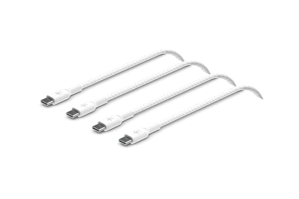 Belkin  flätad snabbladdningskabel USB-C till USB-C för iPhone 15, Samsung Galaxy S24, S23, Note 20, Pixel 7, iPad Pro, Mini, Nintendo Switch, USB Type-C snabbladdningskabel, 1 m, 2-pack - Vit