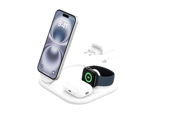 Belkin  BoostCharge 3-i-1 magnetisk hopfällbar Qi2-laddare 15 W - MagSafe-kompatibel laddare, för Apple iPhone 16, iPhone 15, 14, 13, 12, Apple Watch, AirPods, strömförsörjning medföljer - Vit