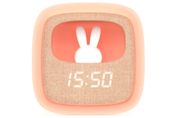 Mobility On Board MOB – MOBILITY ON BOARD Billy Clock Barnväckarklocka och nattlampa - kaninmönster - framsida tyg - mjuk touch plastram - datum, tid och 3 larm programmering (rosa)