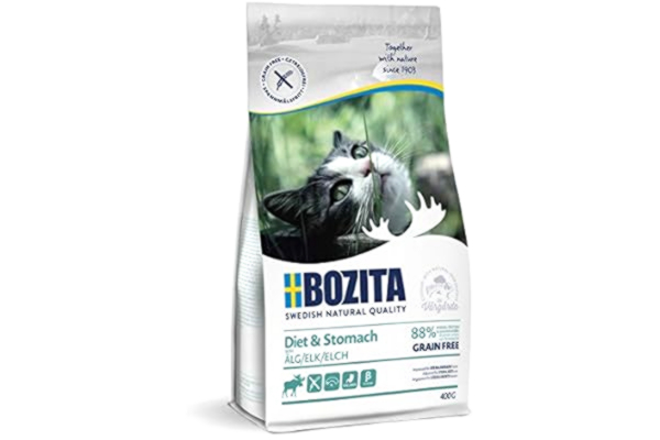 Bozita BOZITA Diet & Stomach spannmålsfri med älg – torrfoder för svagt aktiva och överviktiga vuxna katter, 0,4 kg