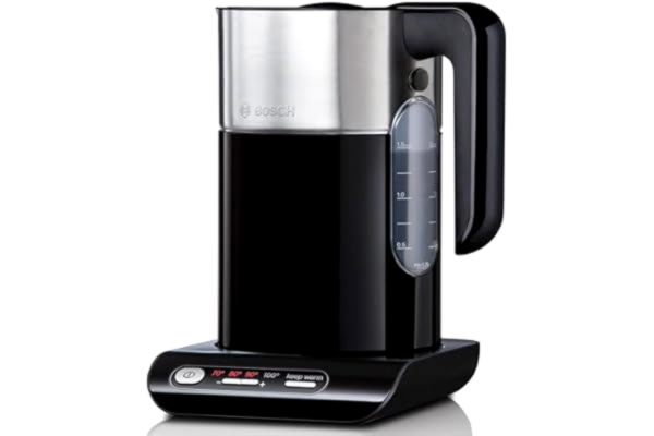 Bosch  Vattenkokare Styline Svart 1,5 L, Rostfritt stål, Dubbelisolerad kana, 4 Temperaturer, Varmhållningsfunktion, Smidig sladdförvaring i bottenplattan, TWK8613P