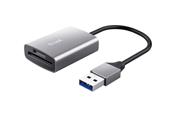 Trust  Dalyx Snabb USB-kortläsare av aluminium med standard USB-port, USB-port 3.2 Gen. 1 med anslutningstyp A, (mikro) SD, SDHC och SDXC upp till 2 TB, PC, MacBook, Chromebook, bärbar dator