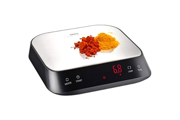 Gefu GEFU Fin- och köksvåg PREZISO – finvåg, med timerfunktion, livsmedelsvåg, barista digital kaffeskala, tarafunktion, för bakning och matlagning, 1 gram exakt