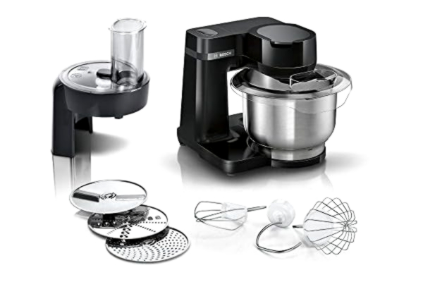 Bosch  MUMS2EB01 Robot de cuisine MUM Serie 2, 700 W, bol en acier inoxydable 3,8 L, hachoir et 3 tranches, kit de pâtisserie en acier inoxydable, noir