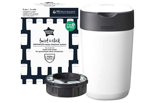 Tommee Tippee  Twist and Click Advanced Nappy Bin, Eco-Friendlier System, Includes 1x Refill Cassette with Sustainably Sourced Antibacterial GREENFILM, White