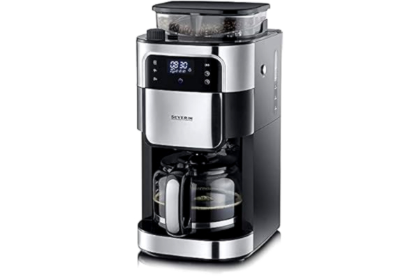 Severin SEVERIN kaffebryggare med kvarn, kaffebryggare med glaskanna och timerfunktion, även som filterkaffebryggare, för upp till 10 koppar kaffe, 1000 W, svart/rostfritt stål, KA 483