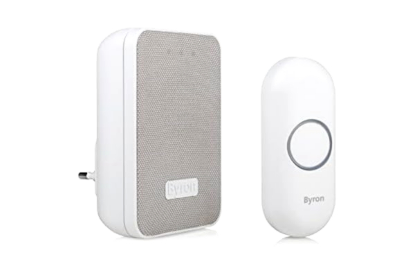 Byron  DBY-22322 trådlös dörrklocka, 16 melodier och upp till 150 m räckvidd, kan anslutas till 6 klockor, 5 nivåer volym, uttag dörrklocka och ringklocka med batteri, vit