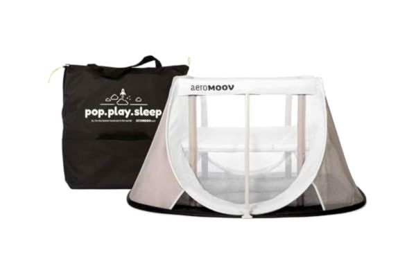 AeroMoov  – omedelbar resesäng baby – 2 sekunder uppbyggnad – superlätt och kompakt – 2 nivåer för spädbarn och småbarn – högkvalitativ madrass – vit sand