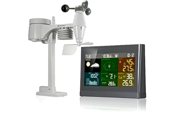 Bresser  Draadloos weerstation met buitensensor, met 5-in-1 buitensensor (temperatuur, luchtdruk, luchtvochtigheid, windmeter, regenmeter), grijs