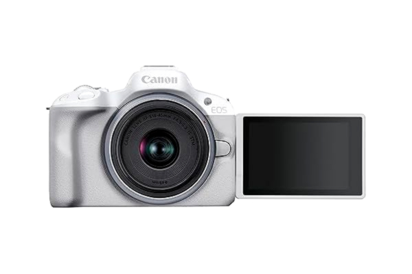 Canon  EOS R50 + RF-S 18-45 mm F4,5-6,3 IS STM|24,2 MP APS-C spegelfri kamera|Upp till 15 fps Cont.|Dual Pixel CMOS AF II|4K 30p|Vari-vinkelskärm|Bluetooth och WiFi|Vit