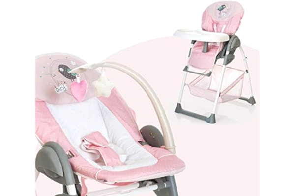 Hauck  Chaise Haute Bébé Sit N Relax, Inclus Transat Bebe avec Arche de Jeux, Siège Enfant avec Plateau, Châssis Réglable en Hauteur avec Roues et Panier, Pliable, Rose