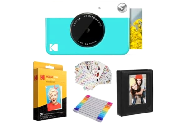 Kodak KODAK Printomatic kamera natychmiastowa (niebieski) ZINK prezentowy + papier cynkowy (20 arkuszy) + etui Deluxe + 7 zestawów naklejek + markery + album fotograficzny