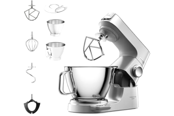 Kenwood Limited Kenwood Titanium Chef Baker Silver KVC85.004SI, Köksassistent Matberedare, Integrerad Våg, 3 Kroks- och Vispar för Blandning i Rostfritt Stål och Gummivisp, Skålar på 5L och 3,5L, 1200W, Silver