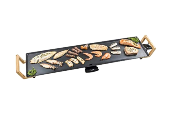 Bestron  Grill de Table Électrique, XXL Plaque de Cuisson Plancha/Teppanyaki avec Revêtement Anti-Adhésif, Jusqu'à 8 Personnes Peuvent en Profiter, 1800 Watts, Asia Design, Couleur: Noir / Bois