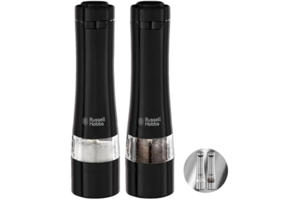 Russell Hobbs  svarta elektriska salt & pepparkvarnar, keramiskt malverk, justerbar malningsgrad, upplyst botten under malning, borstat rostfritt stål, drivs av 4st AA/kvarn medföljer ej, 28010-56