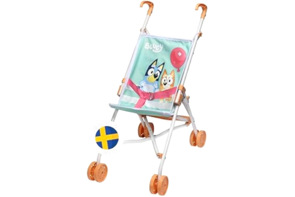 Bluey  Dockvagn Sulky - Lättviktsbarnvagn för Dockor, Hopfällbar och Bärbar, Perfekt Leksak för Barn över 3 År, Rosa och Blå Design med Söta Djurmönster - 540X270X400 mm