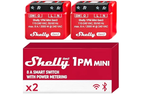 Shelly  1PM Mini Gen3 – Smart hem Wi-Fi-strömbrytare med med Strömmätare, 1 kanal 8 A, Fjärrkontroll via app, Alexa & Google Home-kompatibel, Ingen hubb krävs, 8MB Shelly chip - 2 Stycken