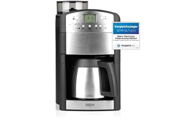 Beem BEEM Fresh-Aroma-Perfect Thermolux | Ekspres do kawy z młynkiem do ziaren kawy i kawy filtrowanej | termos 1,25 l na 2-10 filiżanek | w zestawie filtr stały i timer [1000 W/srebrny]