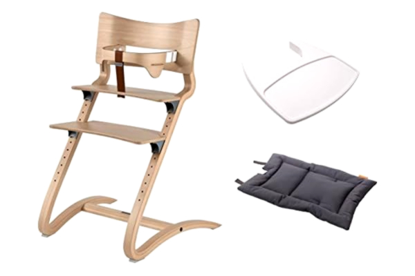 Leander  – Adultes Chaise NATURAL – Chaise haute – Enfants avec Baby Anse + Plateau Blanc + coussin Dark Grey