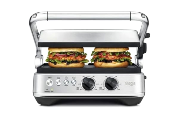 Sage Appliances Sage - The BBQ & Press Grill - Bordsgrill - 3 förinställningar för panini, burgare och biffar - Utbyggbar, vändbara keramiska plattor, enkel rengöring - Borstat rostfritt stål
