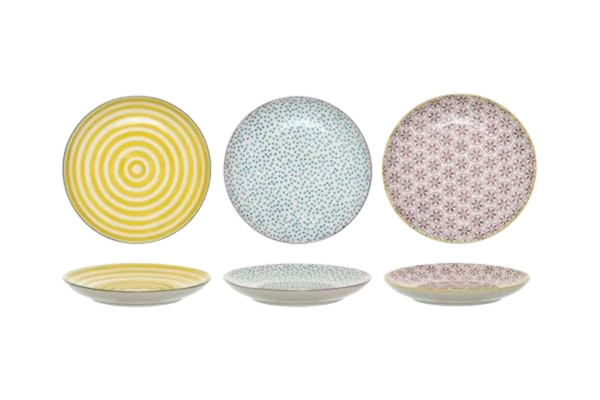 Bloomingville  Tårttallrik Patrizia ø 16 cm – liten frukosttallrik, brödtallrik, rund tallrik liten, blå gul lila, keramik, set om 3