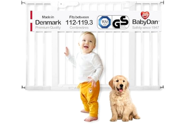 BabyDan  Premier, extra brett trappskydd för fastspänning, 112–119,3 cm, dörrskyddsgaller/avstängningsgaller/babygaller/säkerhetsgaller, metall, vit, tillverkad i Danmark (hundgaller)