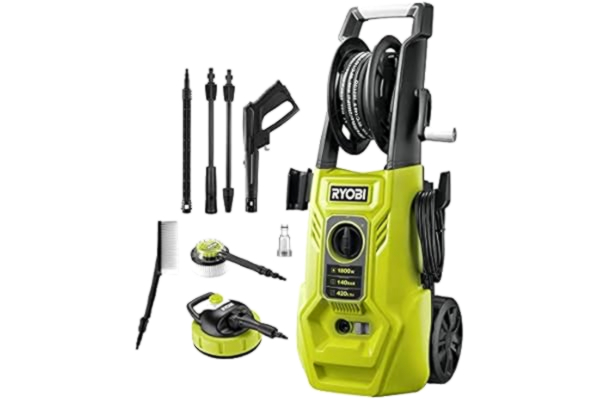 Ryobi RYOBI 1 800 W elektrisk högtryckstvätt RY140PWA-P, 140 bar tryck, 420 l/h leveransmängd, 40° vattentemp, aluminiumpump, 6 m stålarmerad slang, 5 m kabel, Vario och turbolans, ytrengörare, 2 x borste