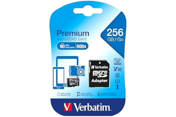 Verbatim  microSDXC minneskort med adapter – 256 GB – läshastighet upp till 90 MB/s – minimal skrivhastighet 10 MB/s – svart