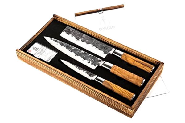 Forged Smidd Olive knivset 3 delar, handgjord, i trälåda
