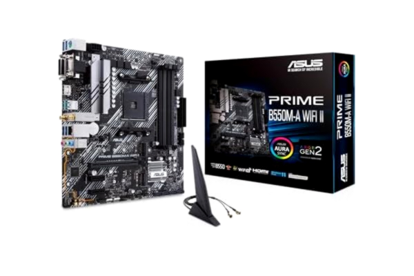 Asus ASUS PRIME B550M-A WiFi II MicroATX moderkort, AMD B550, Socket AM4, DDR4, PCI 4.0, Realtek 1GB LAN, WiFi 6 (802.11ax), 2xM.2, 4xSATA 6GB/s, 2xUSB 3.2 Gen 2, Stöd för Aura Sync RGB, Svart