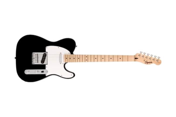 Squier  av Fender Sonic Telecaster elgitarr, greppbräda i lönn, vit pickguard, svart, levereras med gratis virtuella lektioner