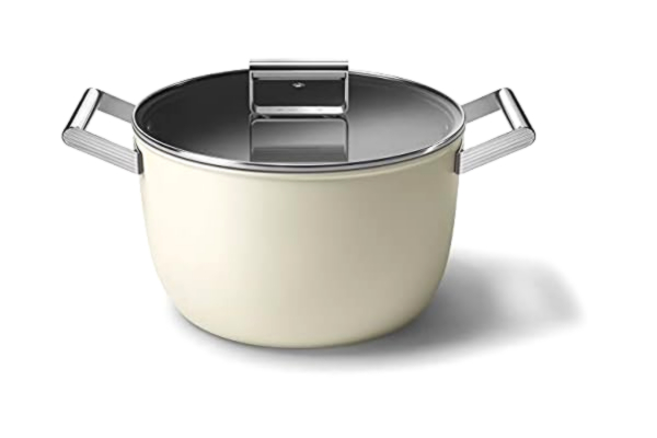 SMEG Smeg CKFC2611CRM Casserole Pan 26cm and Lid Cream, Non-Stick, Aluminium, Patented Base