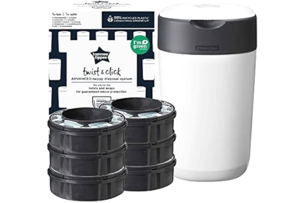 Tommee Tippee  Poubelle à Couches Avancée Twist & Click Starter-Set, 1x Lot de 6 Recharges avec Greenfilm Antibactérien, Blanc